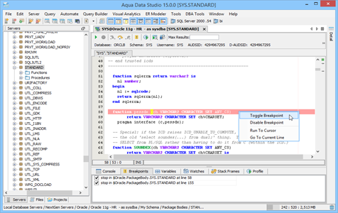 Oracle SQL Debugger Toggle Breakpoint in Aqua Data Studio