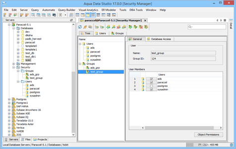 Paraccel DBA Tool Security Manager Tree in Aqua Data Studio
