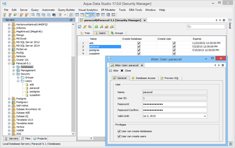 Paraccel DBA Tool Security Manager Users in Aqua Data Studio