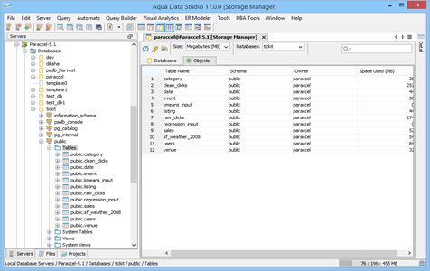 Paraccel DBA Tool Storage Manager Objects in Aqua Data Studio