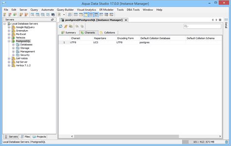PostgresSQL DBA Tool Instance Manager Charsets in Aqua Data Studio