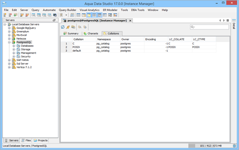 PostgresSQL DBA Tool Instance Manager Collations in Aqua Data Studio