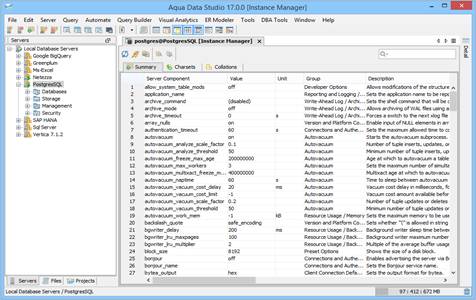 PostgresSQL DBA Tool Instance Manager Summary in Aqua Data Studio