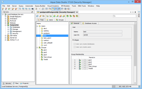 PostgresSQL DBA Tool Security Manager Tree in Aqua Data Studio