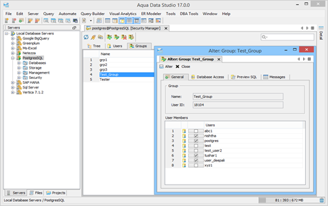 PostgresSQL DBA Tool Security Manager Groups in Aqua Data Studio