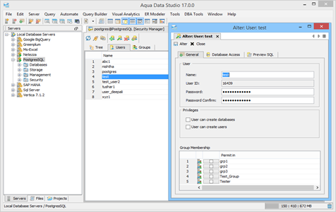 PostgresSQL DBA Tool Security Manager Users in Aqua Data Studio