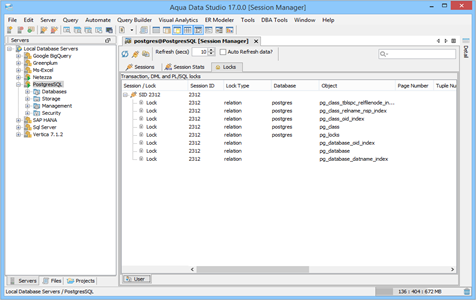 PostgresSQL DBA Tool Session Manager Locks in Aqua Data Studio