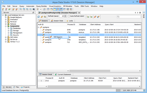 PostgresSQL DBA Tool Session Manager Sessions in Aqua Data Studio