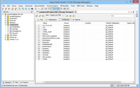 PostgresSQL DBA Tool Storage Manager Databases in Aqua Data Studio