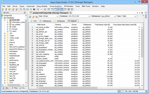 PostgresSQL DBA Tool Storage Manager Objects in Aqua Data Studio