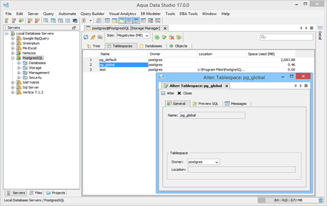 PostgresSQL DBA Tool Storage Manager Tablespaces in Aqua Data Studio