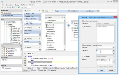 Query Builder Filters in Aqua Data Studio