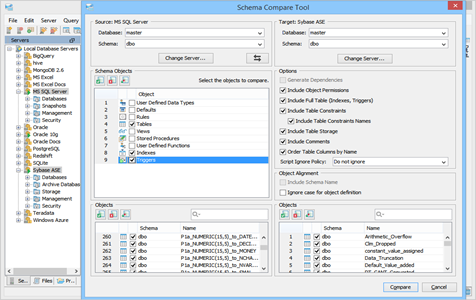 Schema Compare Cross DBMS in Aqua Data Studio database comparison tools