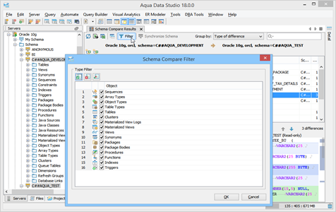 Schema Compare Filters in Aqua Data Studio