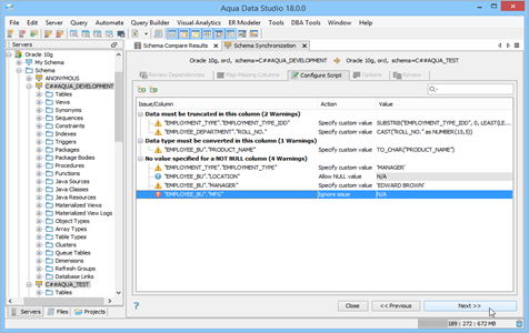 Schema Compare Synchronization Configure Script in Aqua Data Studio