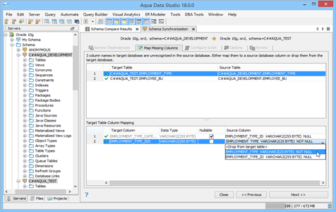 Schema Compare Synchronization Map Missing Columns in Aqua Data Studio