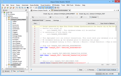 Schema Compare Synchronization Review Deployment Script in Data Studio