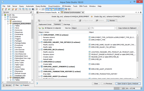 Schema Compare Synchronization Review Summary in Aqua Data Studio