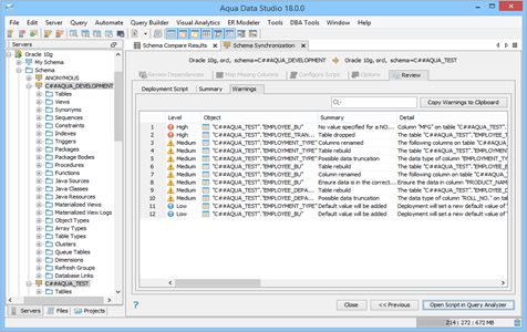 Schema Compare Synchronization Review Warnings in Aqua Data Studio