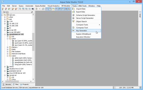 Secure Shell SSH Key Generator Menu in Aqua Data Studio
