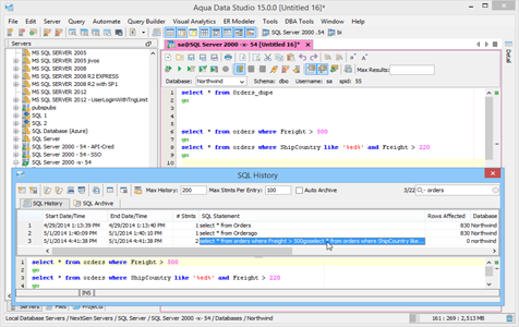 SQL History Automate Query Writing in Aqua Data Studio