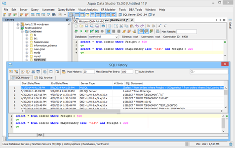 SQL History Button in Aqua Data Studio