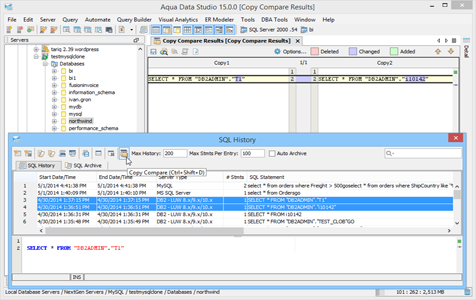 SQL History Compare in Aqua Data Studio