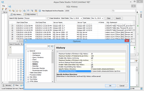 SQL History File Options in Aqua Data Studio