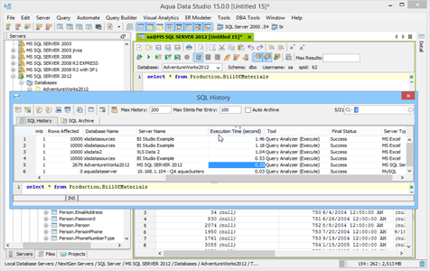 SQL History Quickfilter in Aqua Data Studio