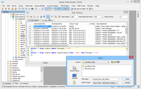 SQL History Save As in Aqua Data Studio