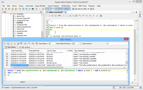SQL History Text Editor Integration in Aqua Data Studio