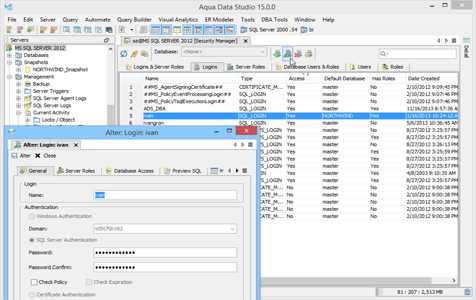 SQL Server DBA Tool Security Manager Logins in Aqua Data Studio