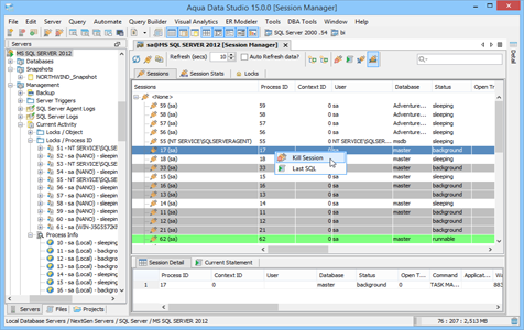 SQL Server DBA Tool Session Manager Sessions in Aqua Data Studio