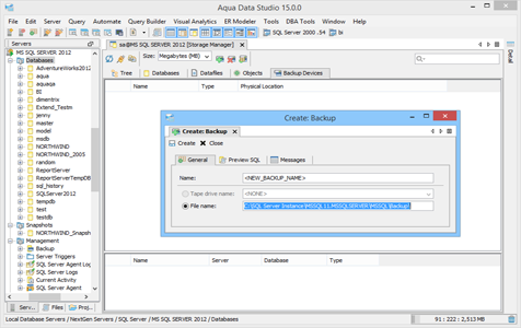 SQL Server DBA Tool Storage Manager Backup Devices in Aqua Data Studio