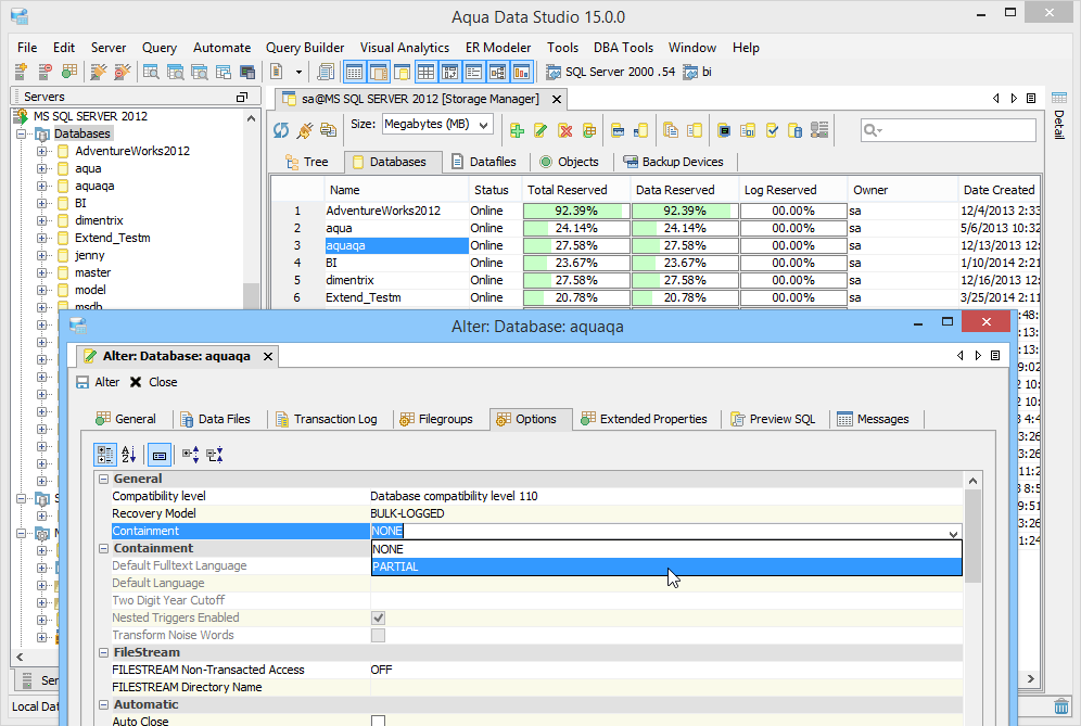 SQL Server DBA Tool Storage Manager Databases in Aqua Data Studio