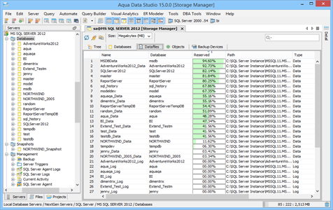 SQL Server DBA Tool Storage Manager Datafiles in Aqua Data Studio