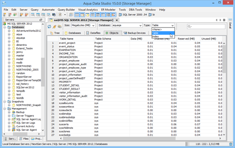 SQL Server DBA Tool Storage Manager Objects in Aqua Data Studio