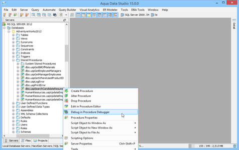 SQL Server SQL Debugger Right Click Menu in Aqua Data Studio
