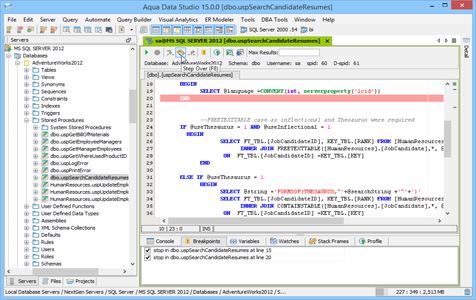 SQL Server SQL Debugger Step Over in Aqua Data Studio