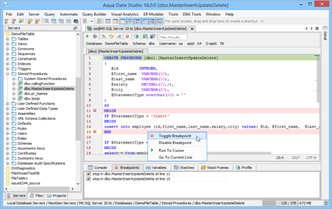 SQL Server SQL Debugger Toggle Breakpoint in Aqua Data Studio
