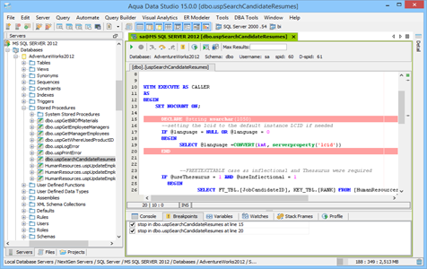 SQL Server SQL Debugger Workspace in Aqua Data Studio