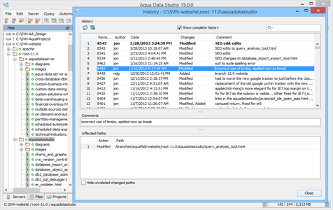 Subversion Show History in Aqua Data Studio