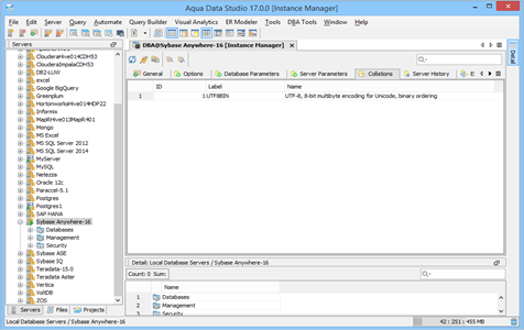 Sybase Anywhere DBA Tool Instance Manager Collations in Data Studio