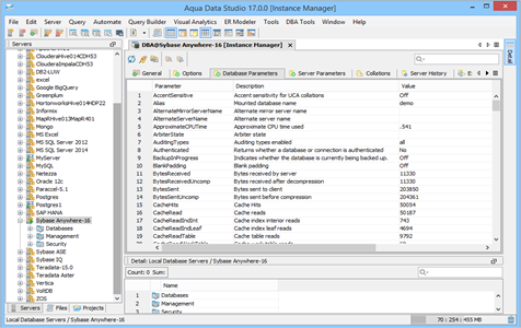 Sybase Anywhere DBA Tool Instance Database Parameters in Data Studio