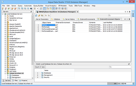 Sybase Anywhere DBA Tool Instance Manager External Environment Objects