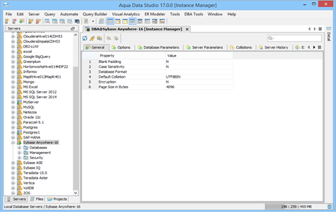 Sybase Anywhere DBA Tool Instance Manager General in Aqua Data Studio