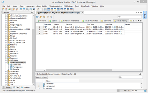 Sybase Anywhere DBA Tool Instance Server History in Aqua Data Studio