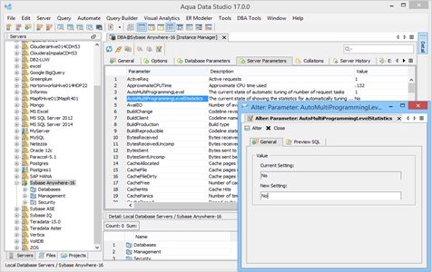 Sybase Anywhere DBA Tool Instance Server Parameters in Data Studio