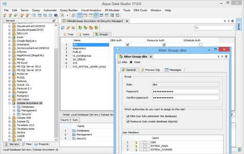 Sybase Anywhere DBA Tool Security Manager Roles in Aqua Data Studio