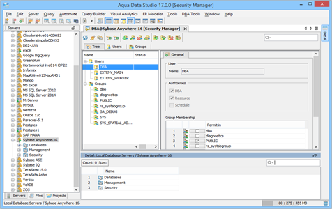 Sybase Anywhere DBA Tool Security Manager Tree in Aqua Data Studio